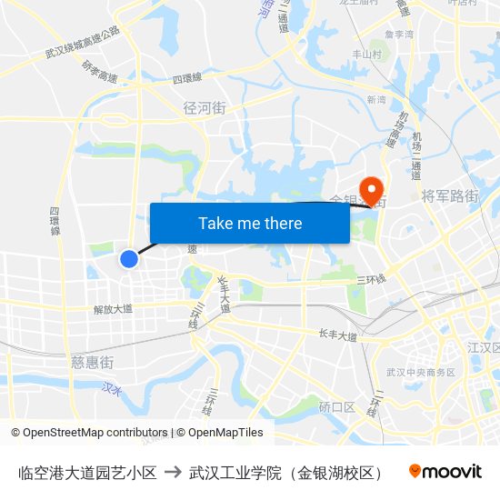 临空港大道园艺小区 to 武汉工业学院（金银湖校区） map