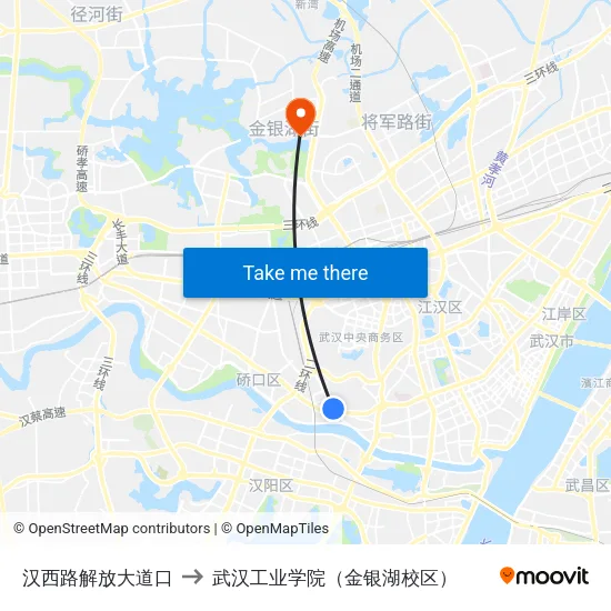 汉西路解放大道口 to 武汉工业学院（金银湖校区） map
