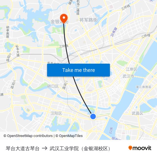 琴台大道古琴台 to 武汉工业学院（金银湖校区） map