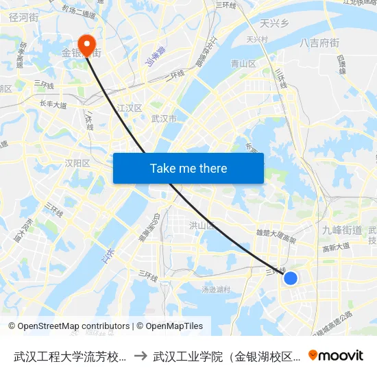 武汉工程大学流芳校区 to 武汉工业学院（金银湖校区） map
