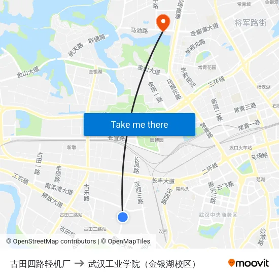 古田四路轻机厂 to 武汉工业学院（金银湖校区） map
