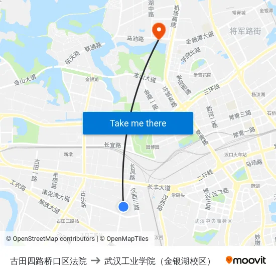 古田四路桥口区法院 to 武汉工业学院（金银湖校区） map