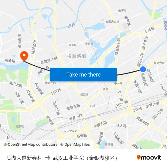 后湖大道新春村 to 武汉工业学院（金银湖校区） map