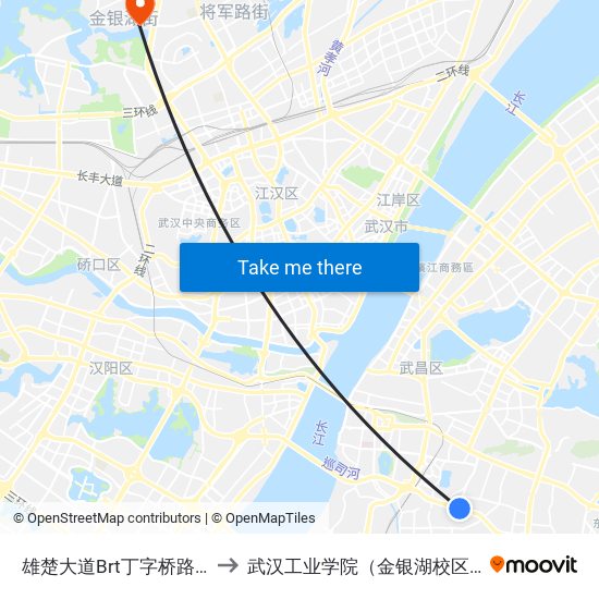 雄楚大道Brt丁字桥路站 to 武汉工业学院（金银湖校区） map