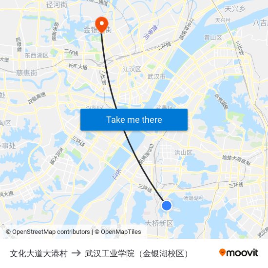 文化大道大港村 to 武汉工业学院（金银湖校区） map