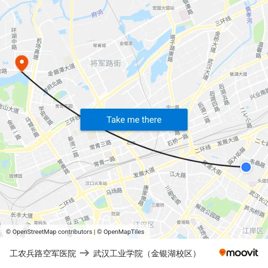 工农兵路空军医院 to 武汉工业学院（金银湖校区） map