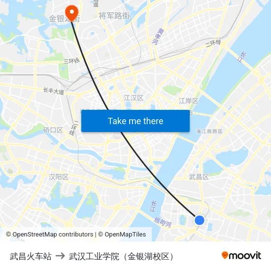 武昌火车站 to 武汉工业学院（金银湖校区） map