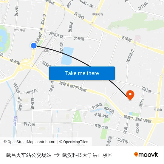 武昌火车站公交场站 to 武汉科技大学洪山校区 map
