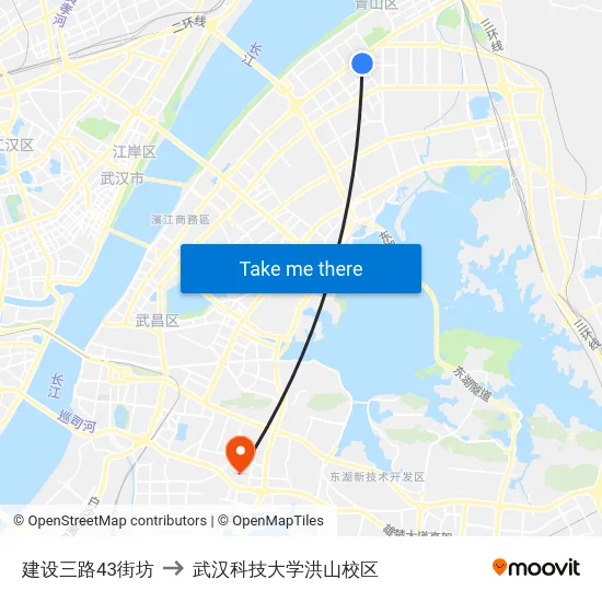 建设三路43街坊 to 武汉科技大学洪山校区 map