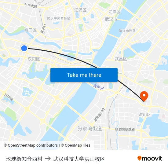 玫瑰街知音西村 to 武汉科技大学洪山校区 map