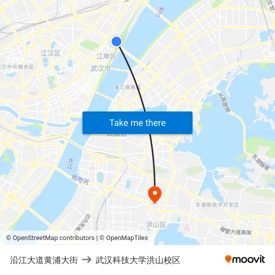 沿江大道黄浦大街 to 武汉科技大学洪山校区 map