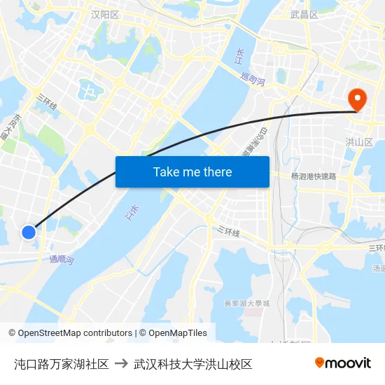 沌口路万家湖社区 to 武汉科技大学洪山校区 map