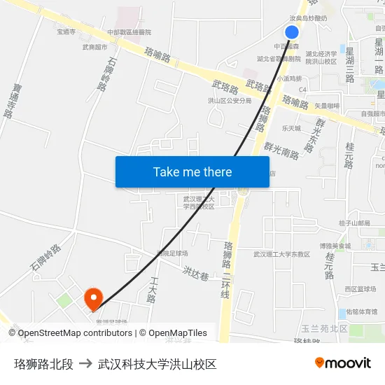 珞狮路北段 to 武汉科技大学洪山校区 map