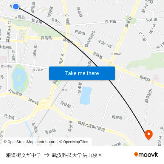 粮道街文华中学 to 武汉科技大学洪山校区 map