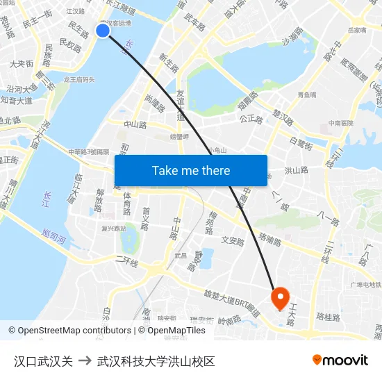 汉口武汉关 to 武汉科技大学洪山校区 map