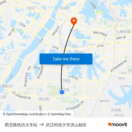 西交路纸坊火车站 to 武汉科技大学洪山校区 map