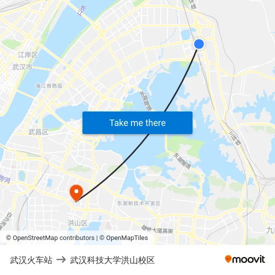 武汉火车站 to 武汉科技大学洪山校区 map