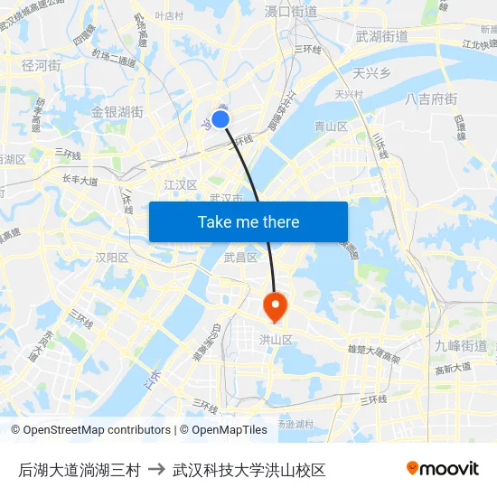 后湖大道淌湖三村 to 武汉科技大学洪山校区 map