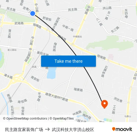 民主路宜家装饰广场 to 武汉科技大学洪山校区 map