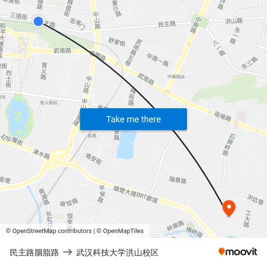 民主路胭脂路 to 武汉科技大学洪山校区 map