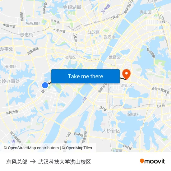 东风总部 to 武汉科技大学洪山校区 map