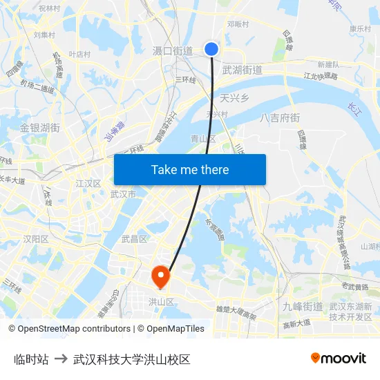 临时站 to 武汉科技大学洪山校区 map