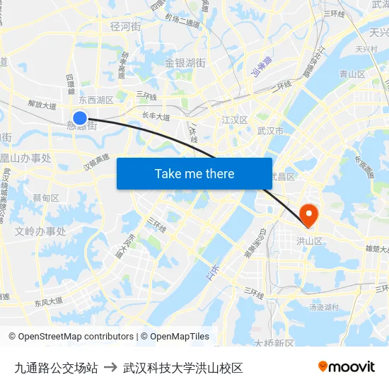 九通路公交场站 to 武汉科技大学洪山校区 map