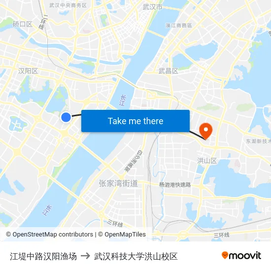 江堤中路汉阳渔场 to 武汉科技大学洪山校区 map