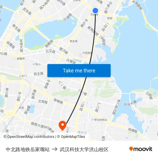 中北路地铁岳家嘴站 to 武汉科技大学洪山校区 map