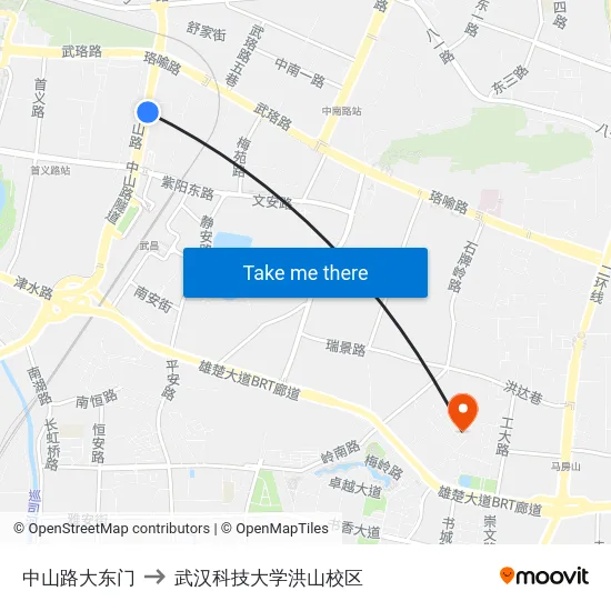 中山路大东门 to 武汉科技大学洪山校区 map