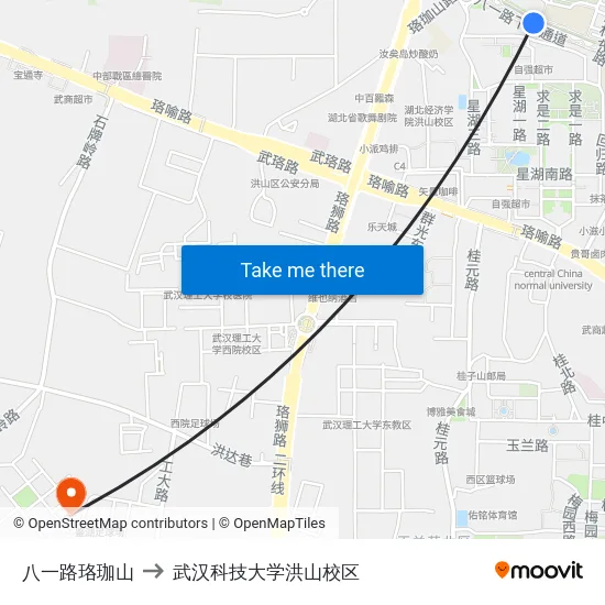 八一路珞珈山 to 武汉科技大学洪山校区 map