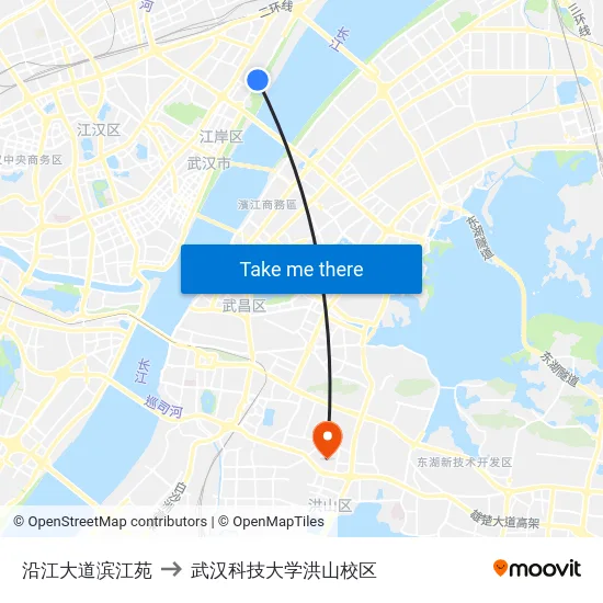 沿江大道滨江苑 to 武汉科技大学洪山校区 map