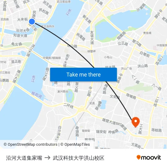 沿河大道集家嘴 to 武汉科技大学洪山校区 map