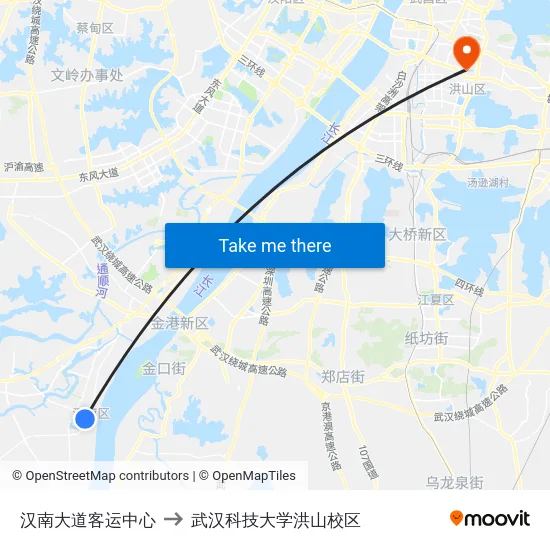 汉南大道客运中心 to 武汉科技大学洪山校区 map
