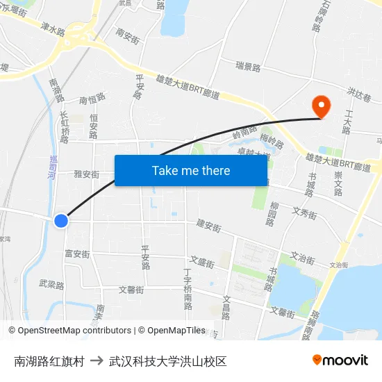 南湖路红旗村 to 武汉科技大学洪山校区 map