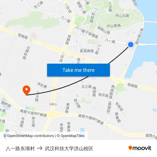 八一路东湖村 to 武汉科技大学洪山校区 map