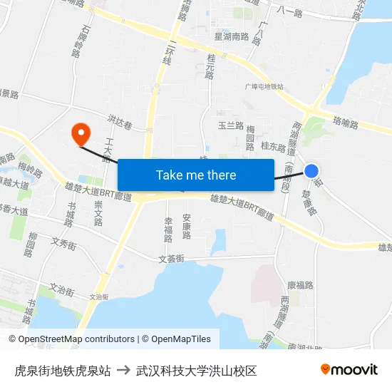 虎泉街地铁虎泉站 to 武汉科技大学洪山校区 map
