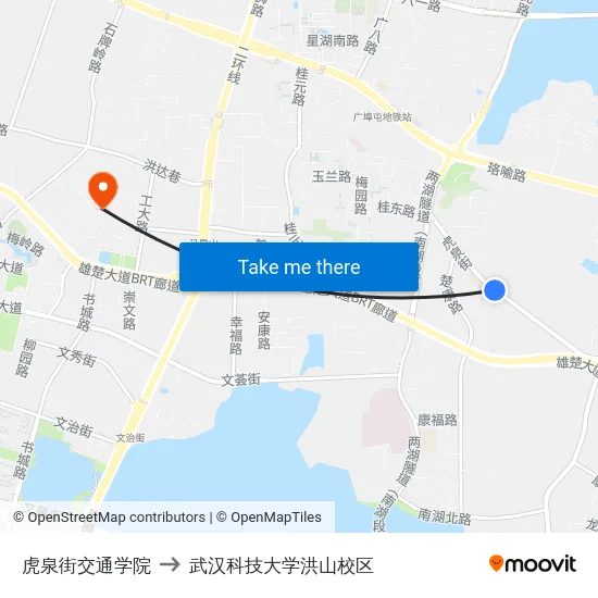 虎泉街交通学院 to 武汉科技大学洪山校区 map
