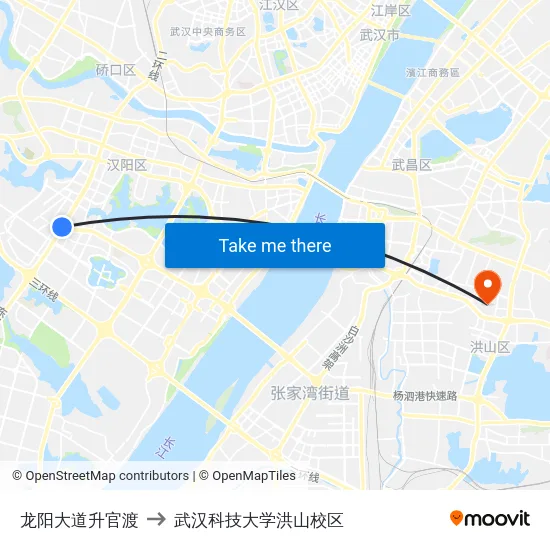龙阳大道升官渡 to 武汉科技大学洪山校区 map
