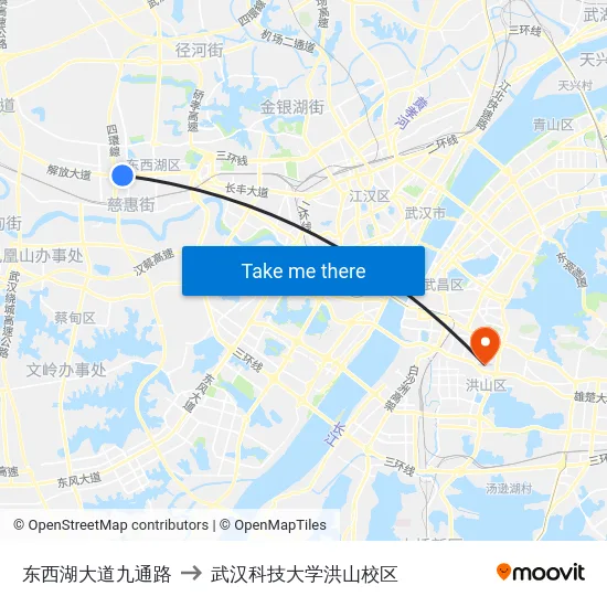 东西湖大道九通路 to 武汉科技大学洪山校区 map