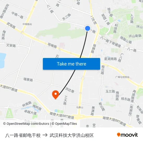八一路省邮电干校 to 武汉科技大学洪山校区 map