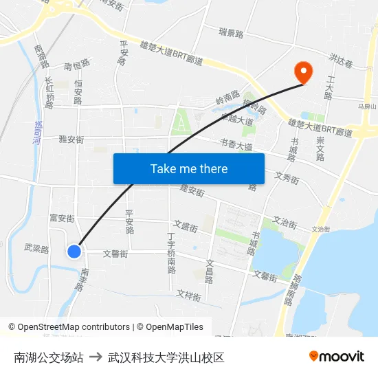南湖公交场站 to 武汉科技大学洪山校区 map