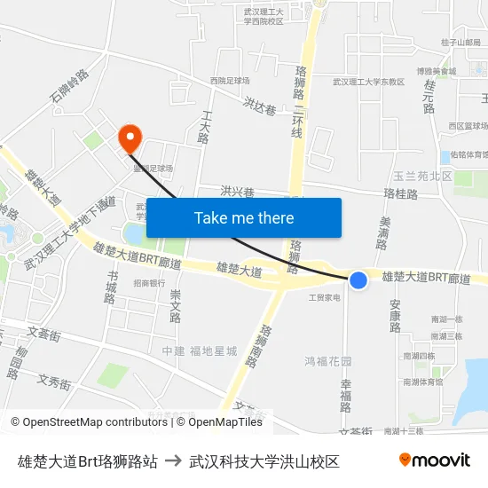 雄楚大道Brt珞狮路站 to 武汉科技大学洪山校区 map