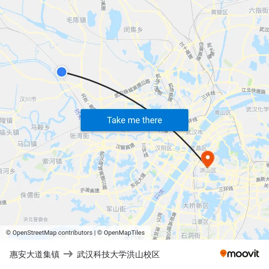 惠安大道集镇 to 武汉科技大学洪山校区 map