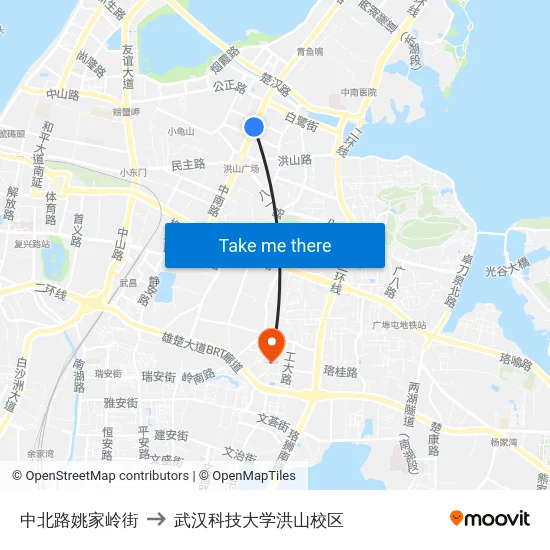 中北路姚家岭街 to 武汉科技大学洪山校区 map