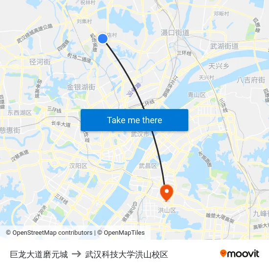 巨龙大道磨元城 to 武汉科技大学洪山校区 map