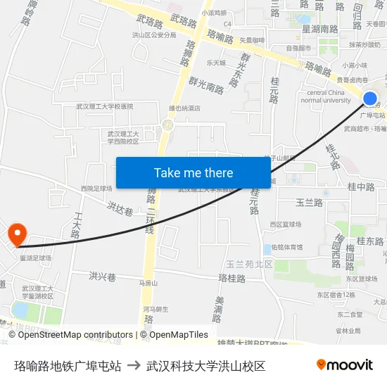 珞喻路地铁广埠屯站 to 武汉科技大学洪山校区 map