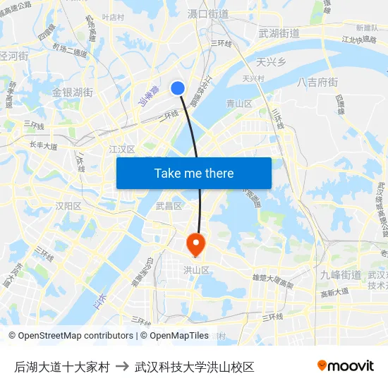 后湖大道十大家村 to 武汉科技大学洪山校区 map