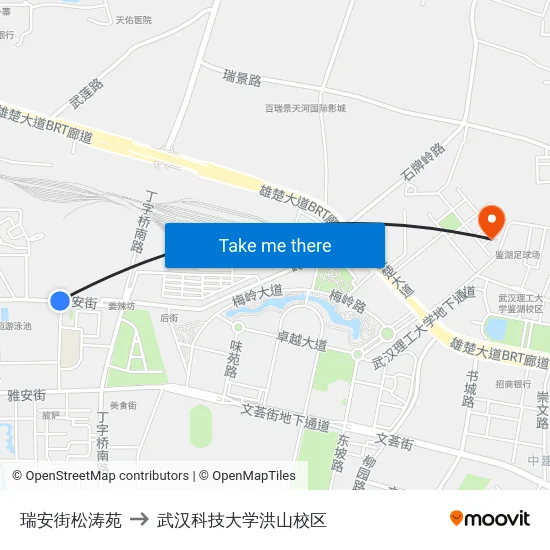 瑞安街松涛苑 to 武汉科技大学洪山校区 map