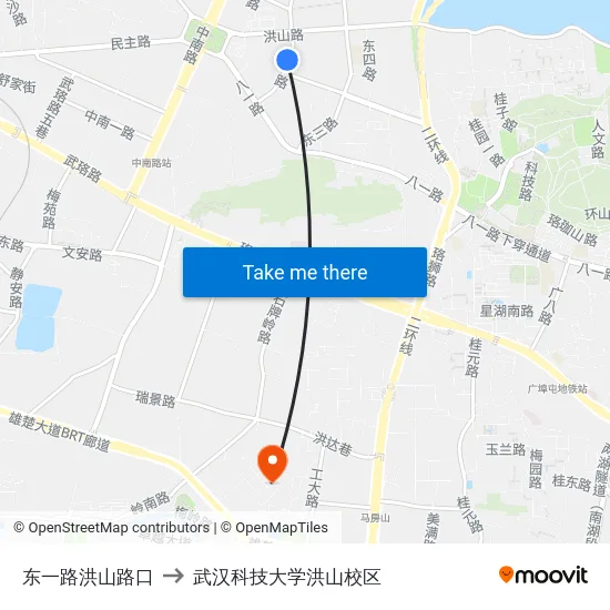 东一路洪山路口 to 武汉科技大学洪山校区 map
